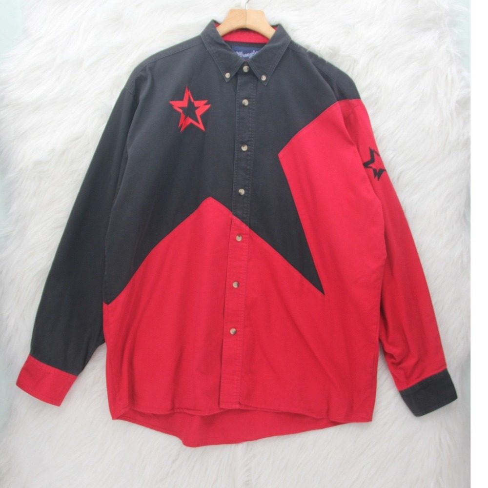 Wrangler Western Shirt Mens L Red Black Twill Button Down Star Pattern Cowboy